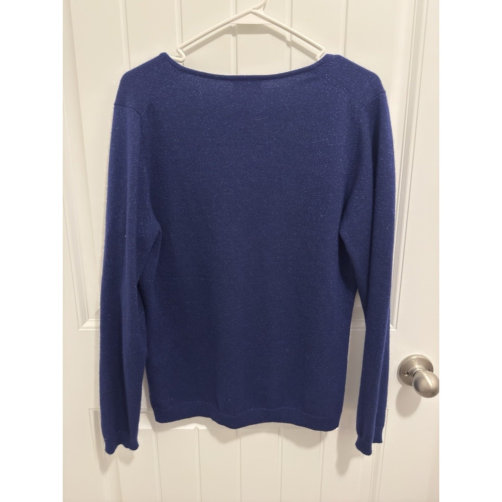 Pure Collection Blue Cashmere Metallic Shimmer V-Neck Sweater Womens 12 Large - Picture 2 of 6